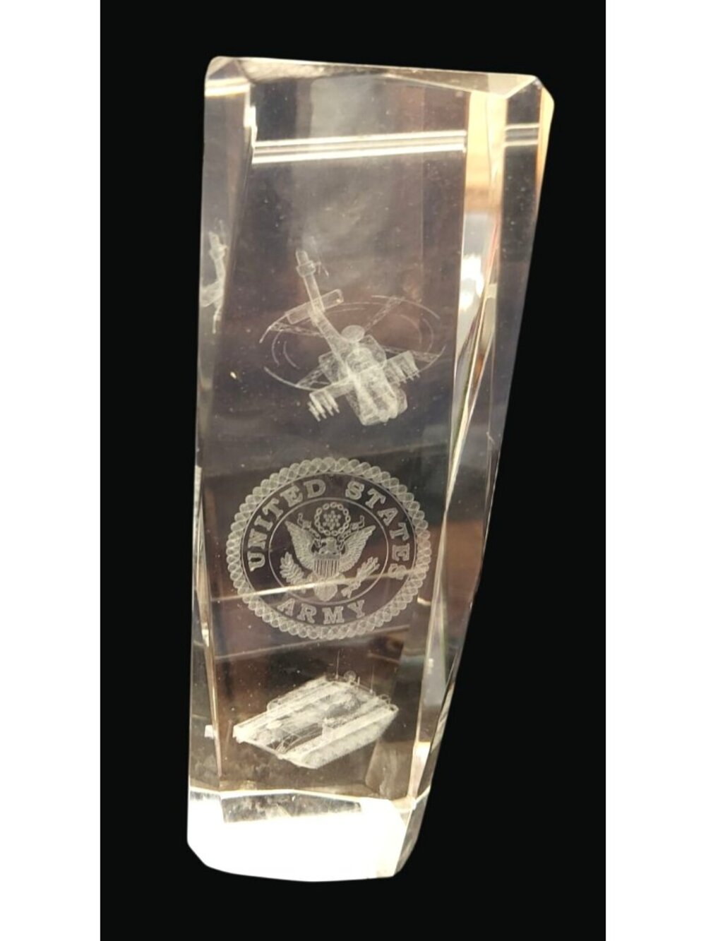 United States Army Etched Glass Crystal Paper Weight w/ Helicopter & Tank